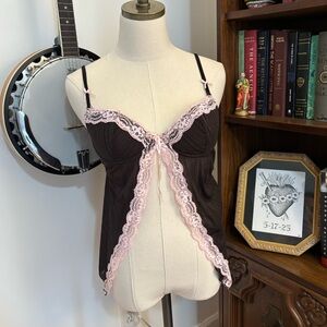 Y2K Rampage Festival Chocolate Brown Baby Pink Lace Bow Cutaway Top SZ M